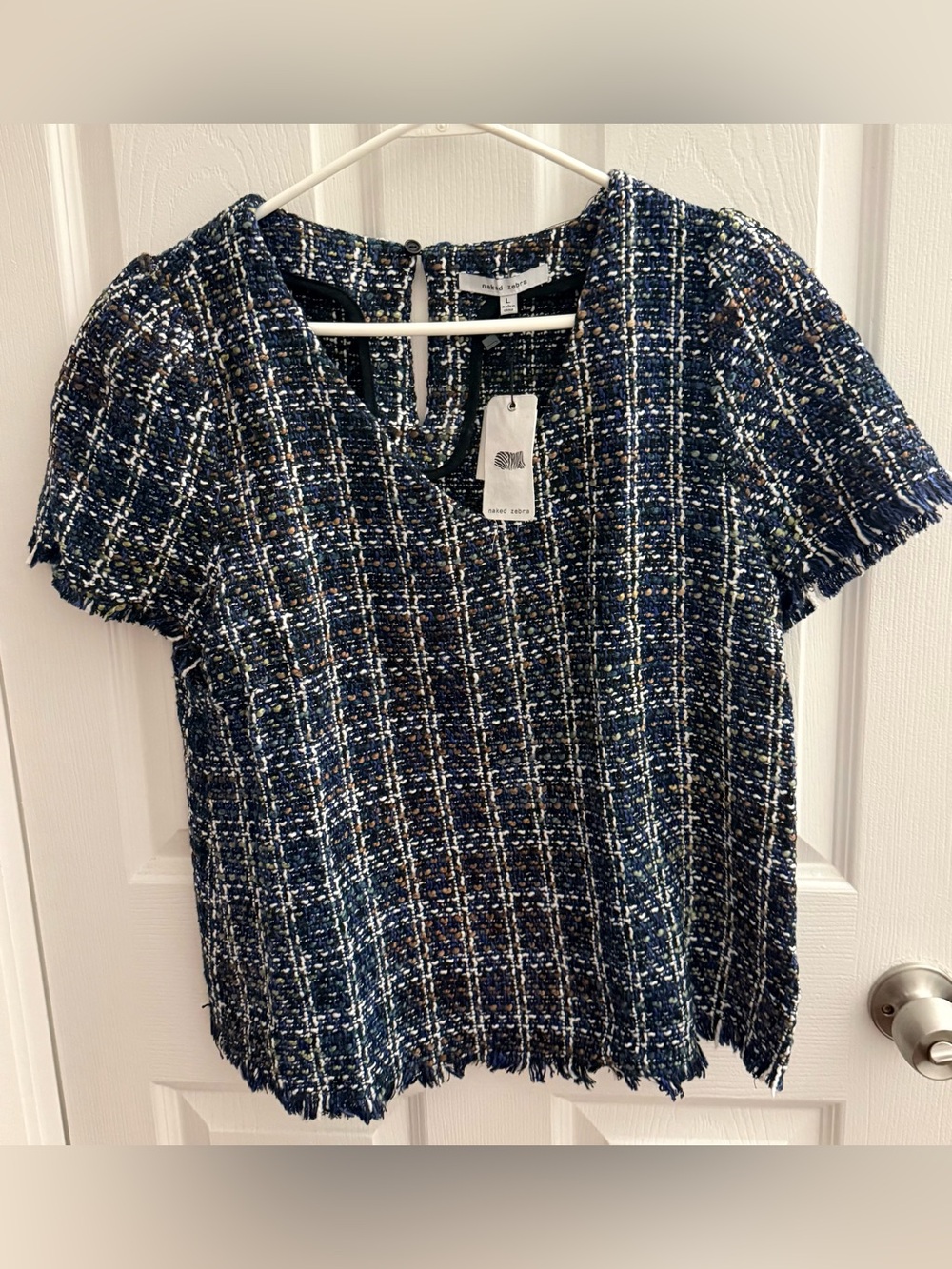 Naked Zebra Navy Tweed Short Sleeve Fringe Top